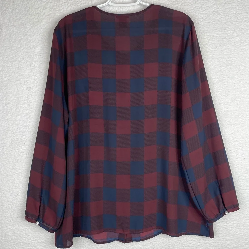 Ann Taylor Factory Burgundy Navy Buffalo Plaid Ruffle Pintuck Blouse XL Womens